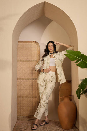 Beige Floral Embroidered Silk Co-Ord Set