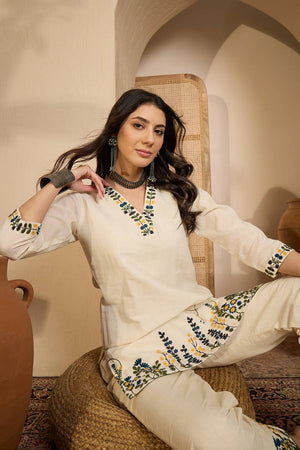 Beige Floral Embroidered Silk Co-Ord Set