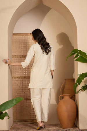 Beige Floral Embroidered Silk Co-Ord Set