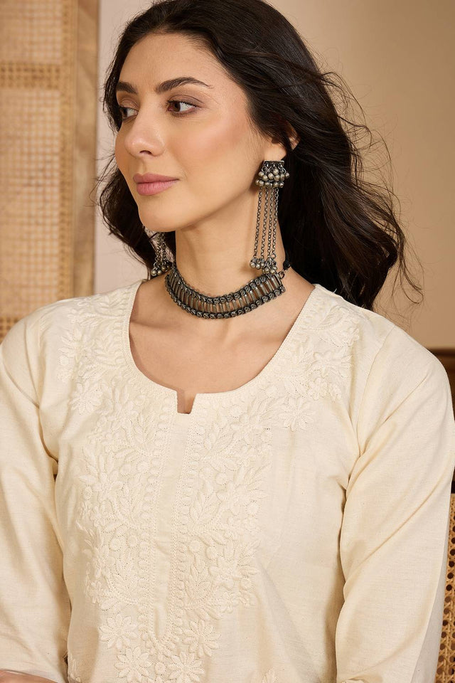 Beige Floral Embroidered Silk Co-Ord Set