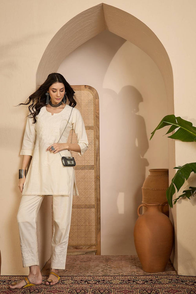 Beige Floral Embroidered Silk Co-Ord Set