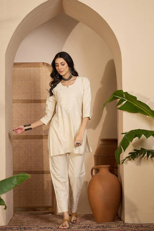 Beige Floral Embroidered Silk Co-Ord Set