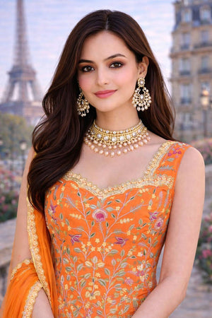 Mustard Floral Embroidered Georgette Palazzo Suits