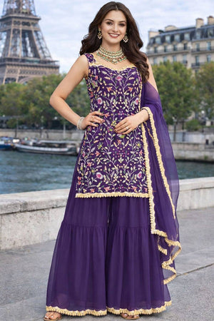 Violet Floral Embroidered Georgette Palazzo Suits