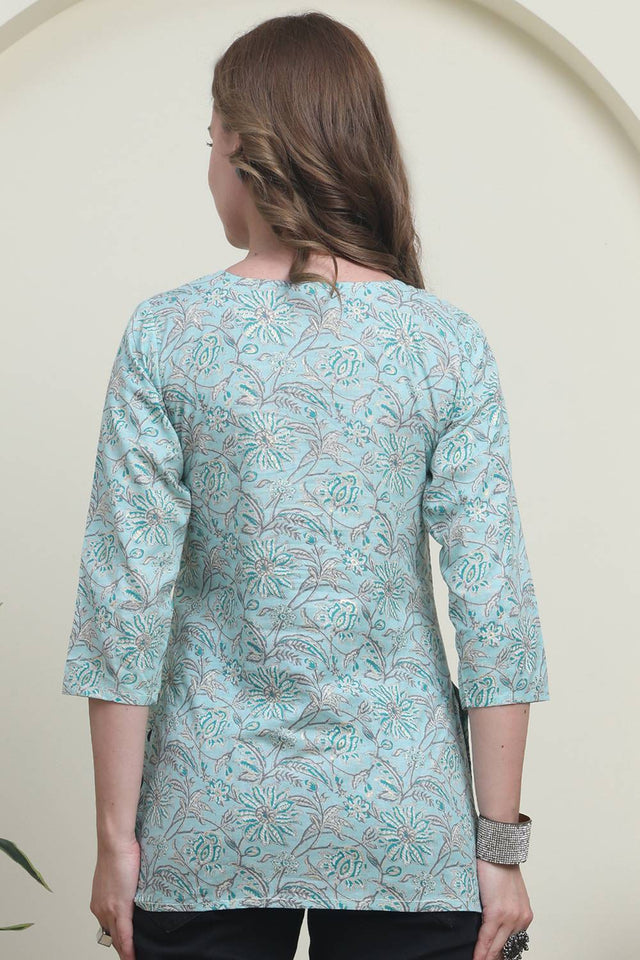Turquoise Printed Cotton Top