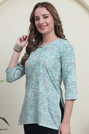 Turquoise Printed Cotton Top