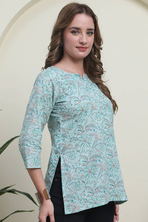 Turquoise Printed Cotton Top