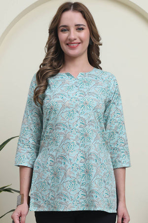 Turquoise Printed Cotton Top