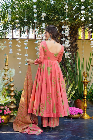 Pink Floral Printed Muslin Anarkali Suits