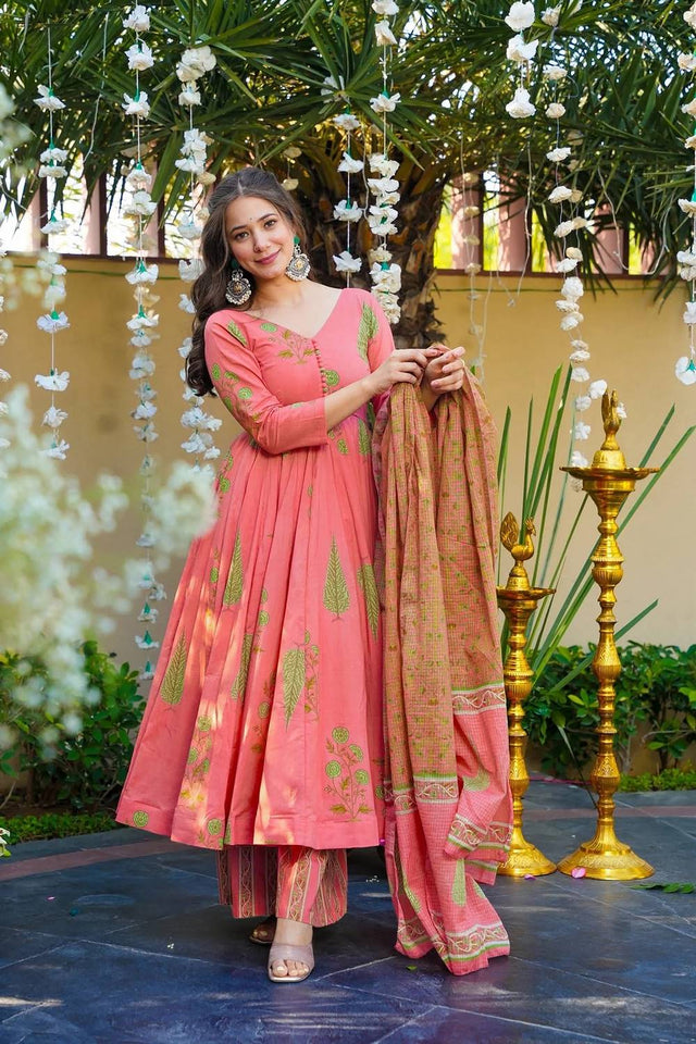 Pink Floral Printed Muslin Anarkali Suits