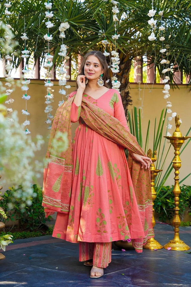 Pink Floral Printed Muslin Anarkali Suits