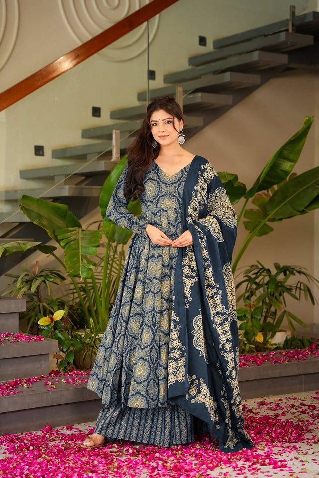 Turquoise Printed Muslin Palazzo Suits