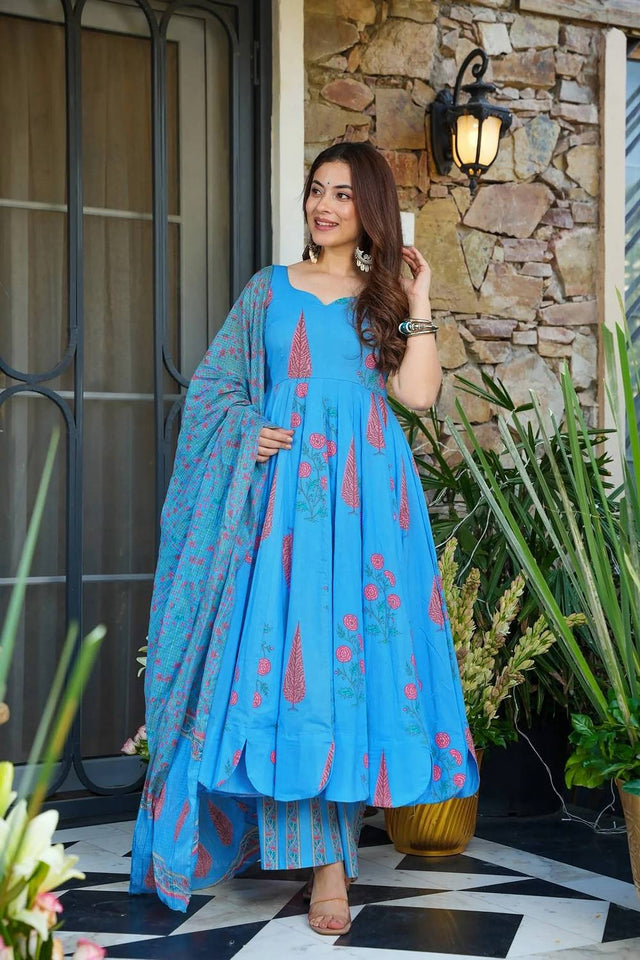 Turquoise Floral Printed Muslin Palazzo Suits