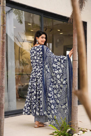 Blue Floral Printed Muslin Palazzo Suits
