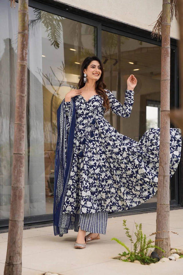 Blue Floral Printed Muslin Palazzo Suits
