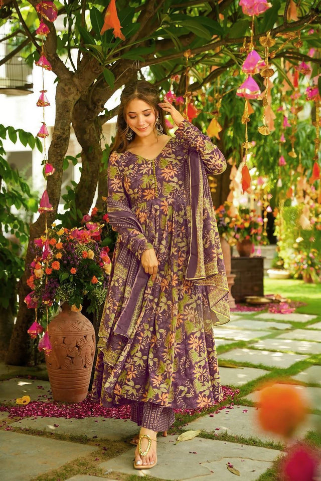 Violet Printed Muslin Palazzo Suits