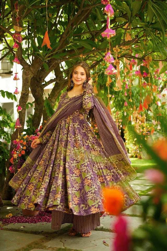 Violet Printed Muslin Palazzo Suits