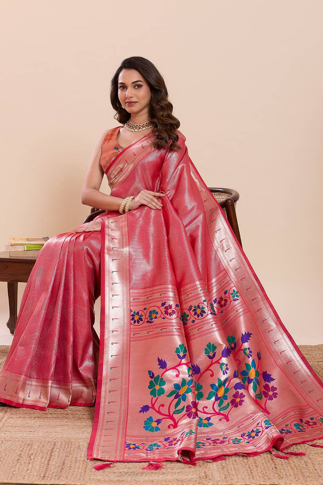 Pink Woven Silk Saree