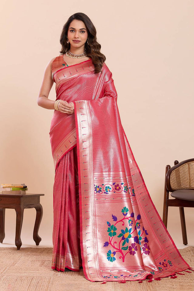 Pink Woven Silk Saree