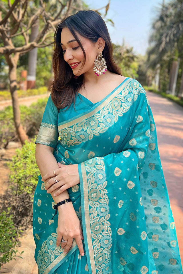 Blue Woven Organza Saree