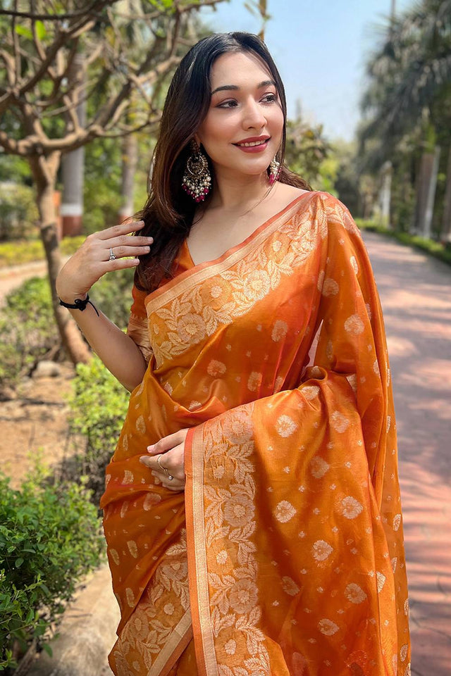 Orange Woven Organza Saree
