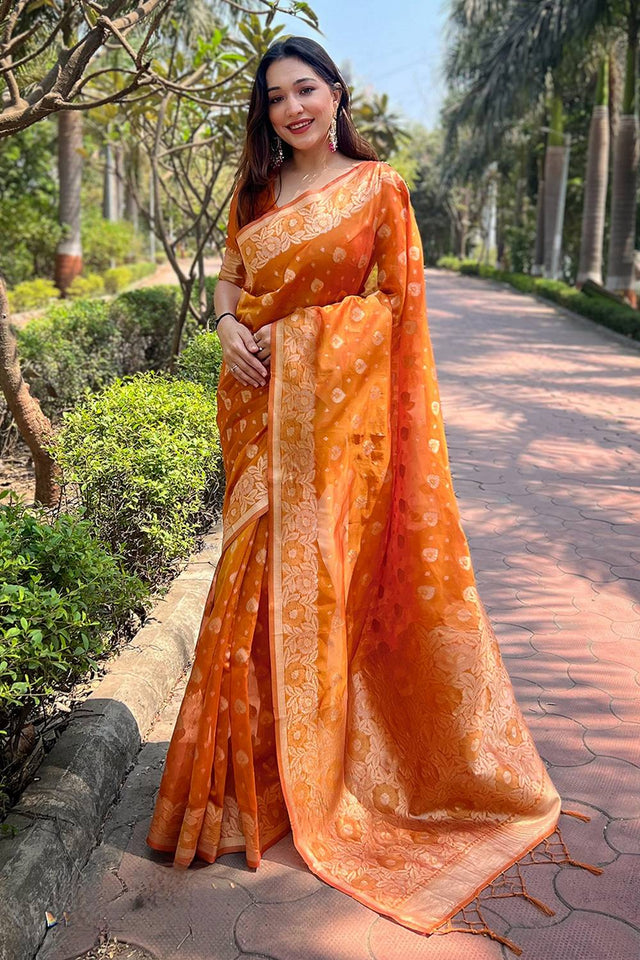 Orange Woven Organza Saree