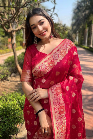 Pink Woven Organza Saree