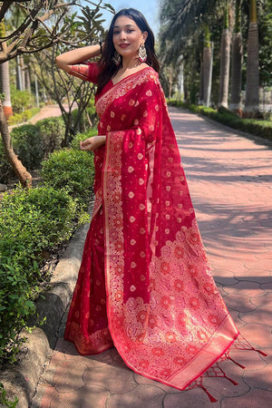 Pink Woven Organza Saree
