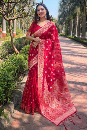 Pink Woven Organza Saree