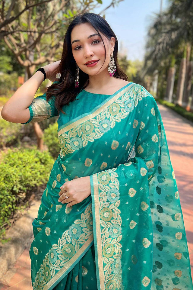 Sea Green Woven Organza Saree