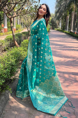 Sea Green Woven Organza Saree