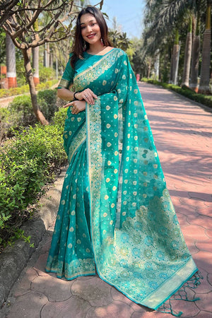 Sea Green Woven Organza Saree