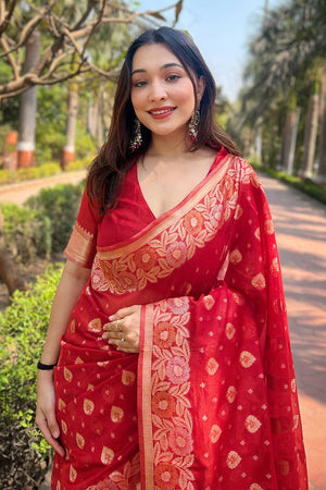 Red Woven Organza Saree