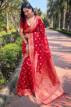 Red Woven Organza Saree