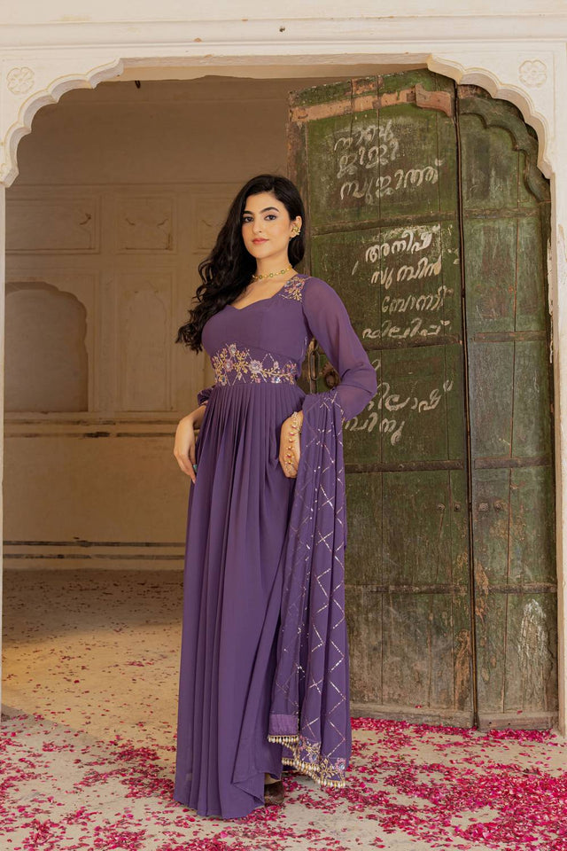 Violet Floral Embroidered Georgette Gown