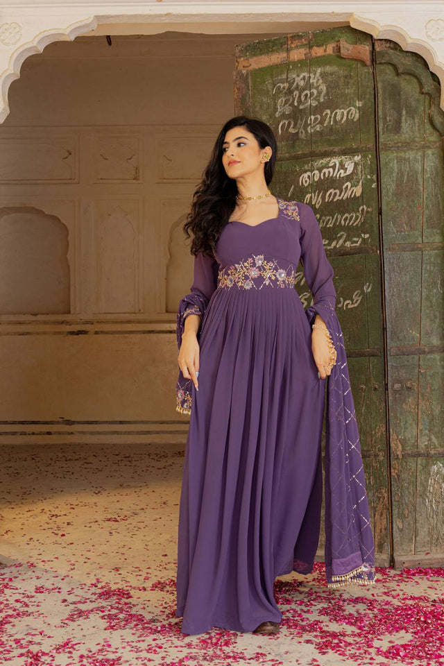 Violet Floral Embroidered Georgette Gown