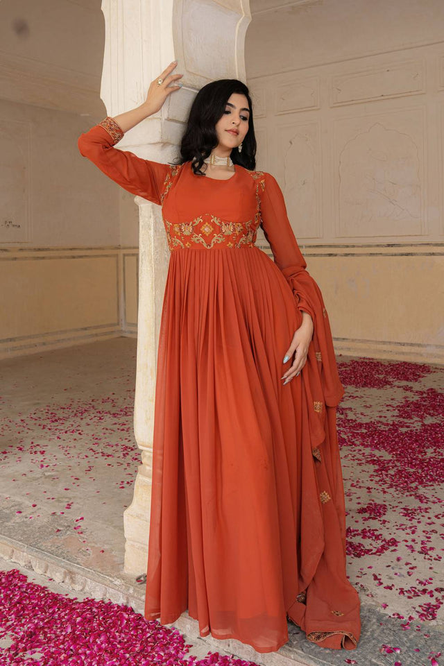 Orange Floral Embroidered Georgette Gown