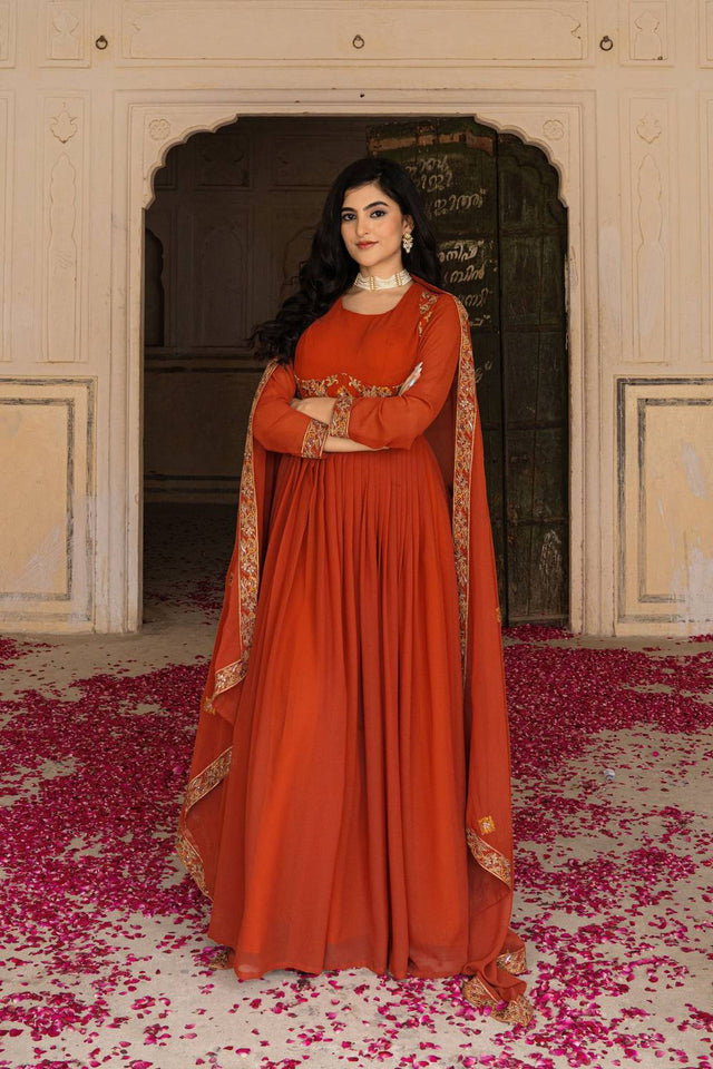Orange Floral Embroidered Georgette Gown
