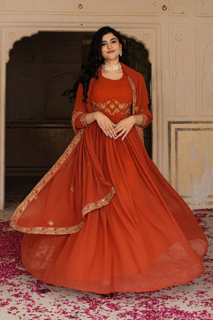 Orange Floral Embroidered Georgette Gown