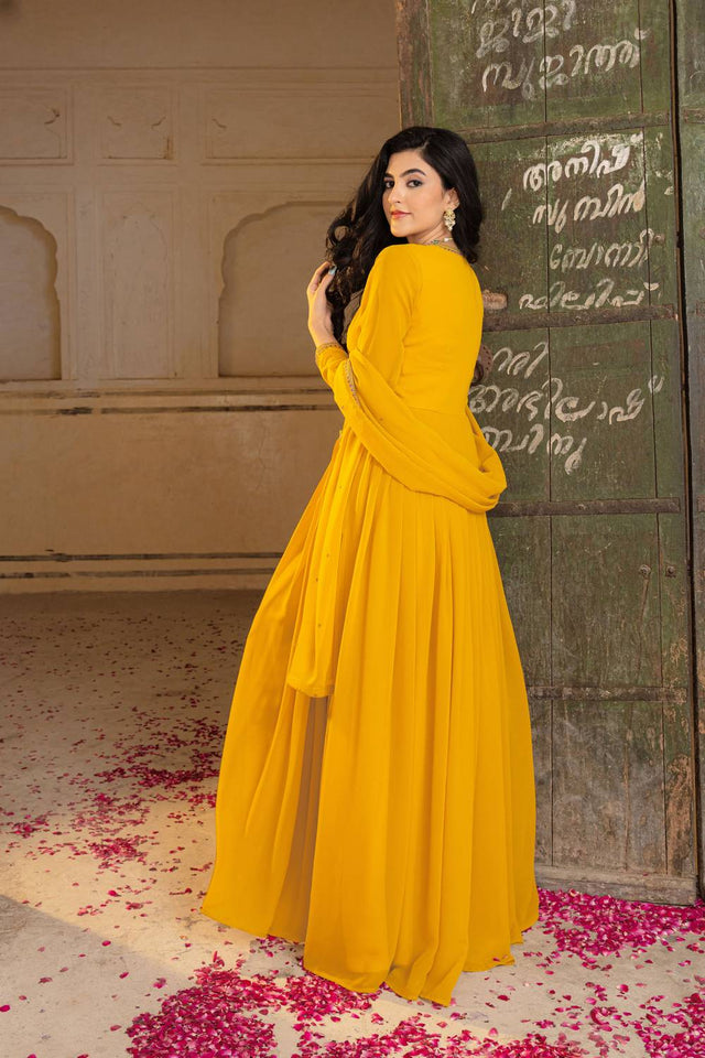 Mustard Sequin with Embroidered Georgette Gown