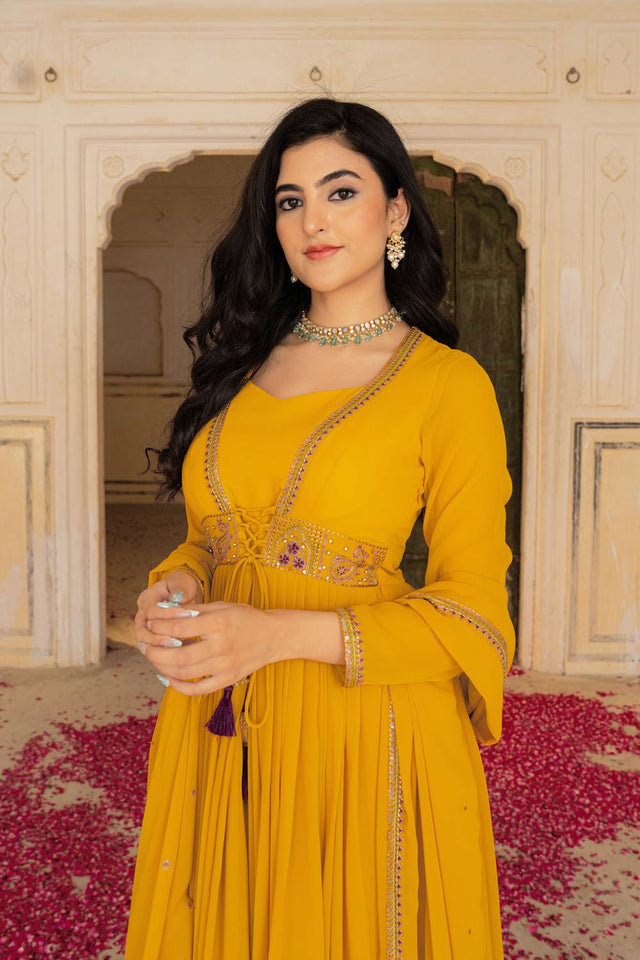 Mustard Sequin with Embroidered Georgette Gown
