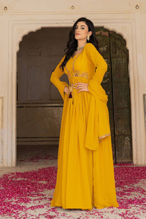 Mustard Sequin with Embroidered Georgette Gown