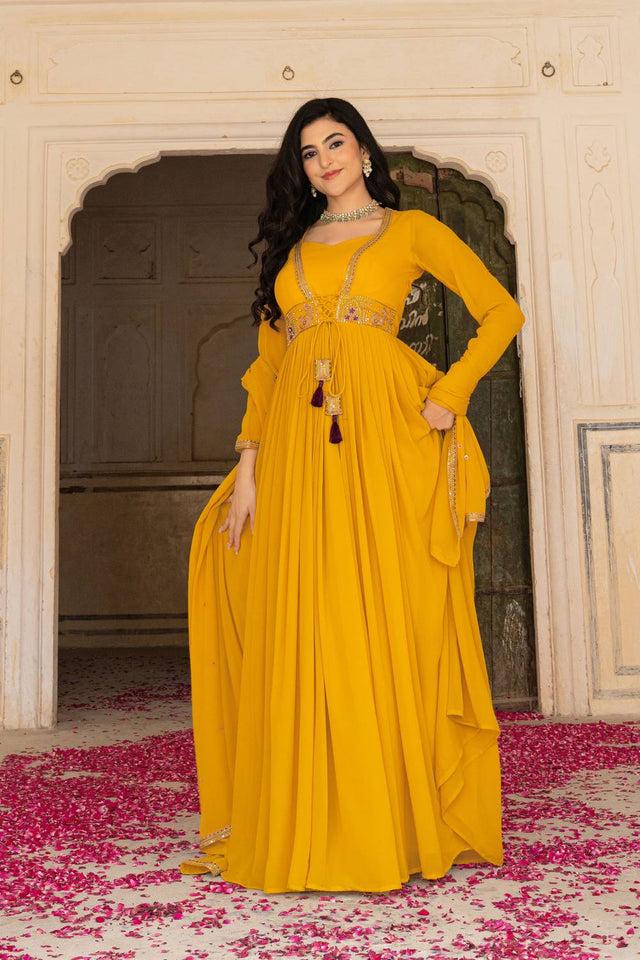 Mustard Sequin with Embroidered Georgette Gown