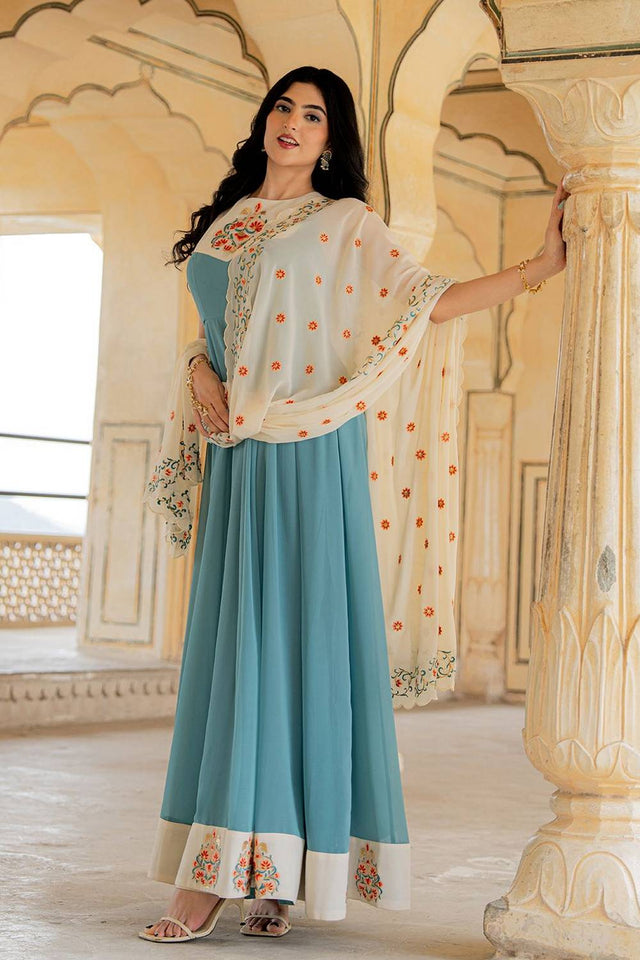 Blue Floral Embroidered Georgette Gown