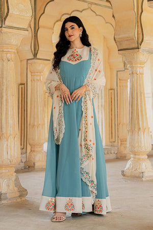 Blue Floral Embroidered Georgette Gown