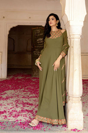Olive Green Sequin with Embroidered Georgette Gown