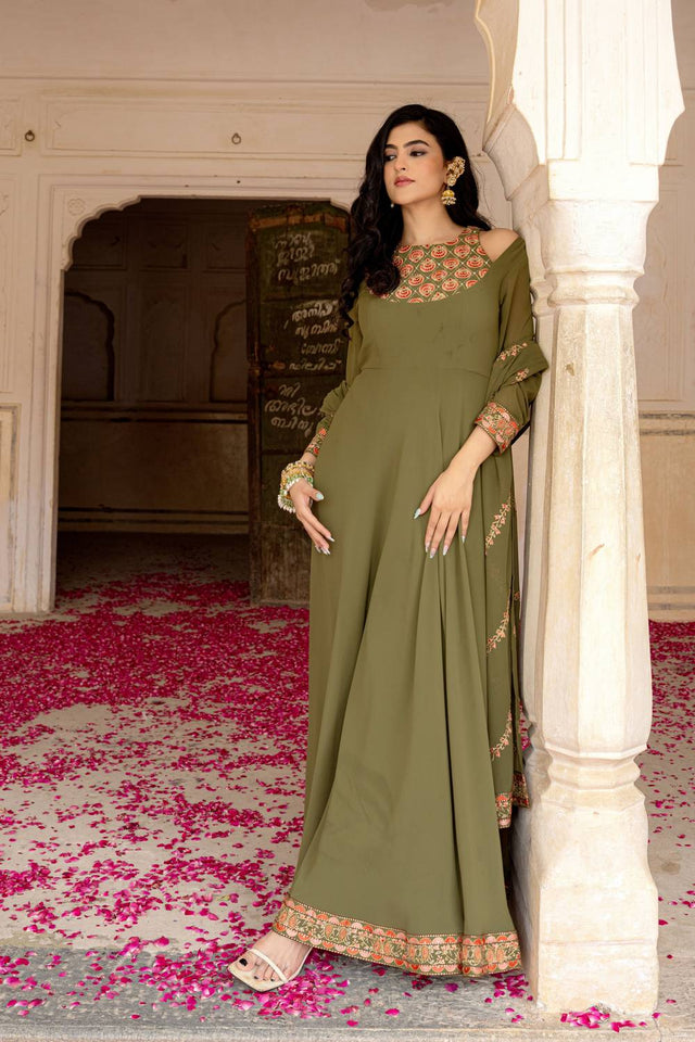 Olive Green Sequin with Embroidered Georgette Gown