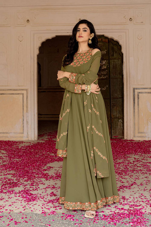 Olive Green Sequin with Embroidered Georgette Gown