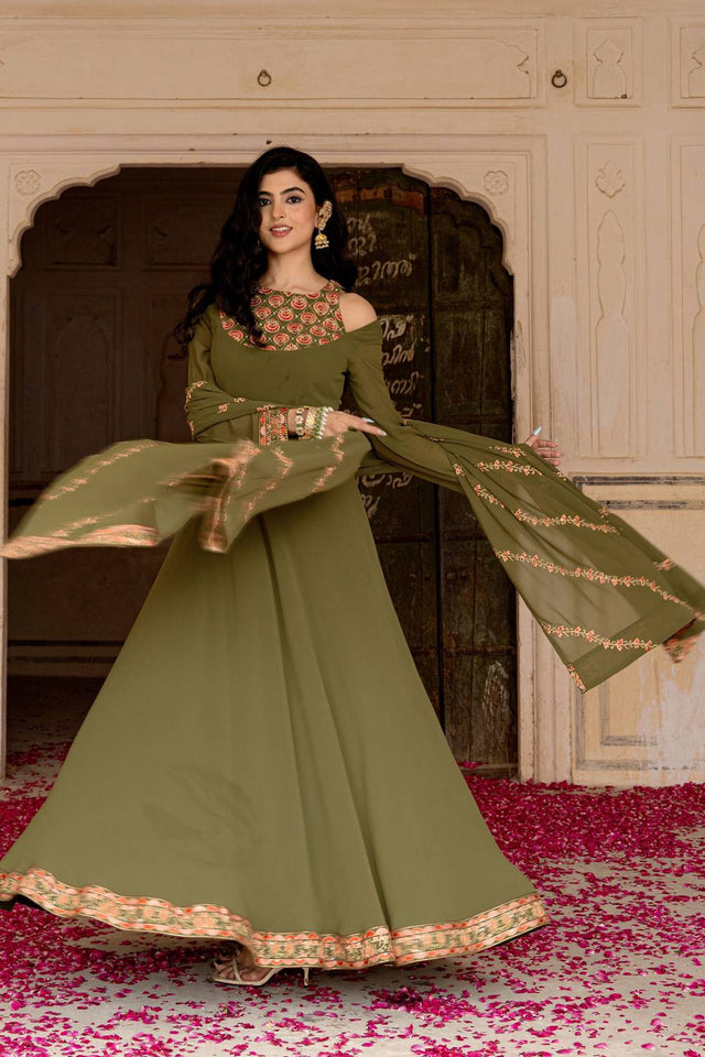 Olive Green Sequin with Embroidered Georgette Gown
