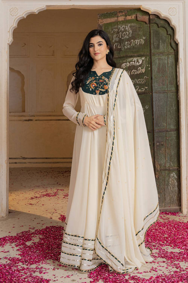 Off White Floral Embroidered Georgette Gown